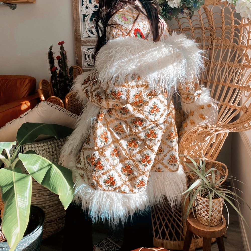 Floral Embroidered penny lane Jacket with Faux Fur Trim